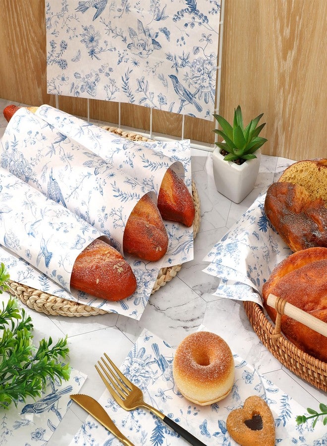 JarThenaAMCS ورق شمعي أزرق مزخرف بالزهور من جارثينا إيه إم سي إس، 150 قطعة، بنقشة زهور وطيور صينية، مناسب لتغليف السندويشات، مقاوم للماء والزيوت، مثالي للنزهات والحفلات ومستلزمات المطبخ، مقاس 9.8 × 8.3 بوصة - Image 3